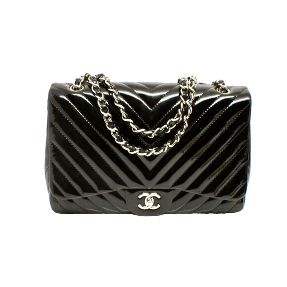 Chanel Classic Single Flap Bag Chevron Patent Maxi Black - Picture 1 of 13